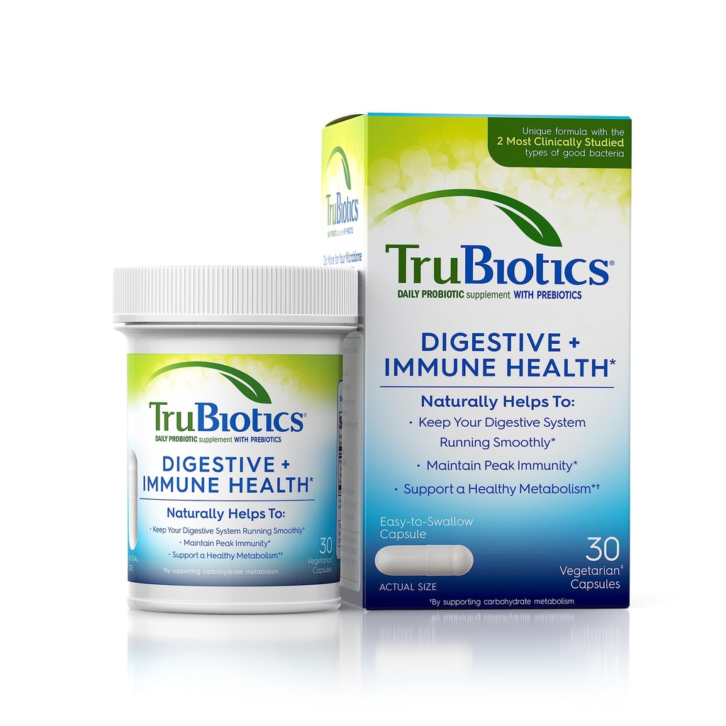 TruBiotics Probiotiki za prebavno in imuno zdravje, podpira regularnost in pomaga omiliti nelagodje v trebuhu, plin in napihnjenost, 2 klinično raziskane probiotične seve, Plus prebiotiki, 30 kapsul