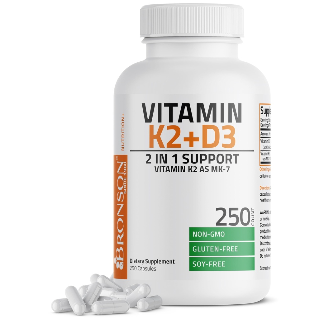 Bronsonov vitamin K2 (MK7) z D3 dopolnilno formulo ne-GMO 5000 i.e. vitamin D3 & 90 μg K2 MK-7 Enostavno pogoltniti D & K kompleks, 250 kapsul