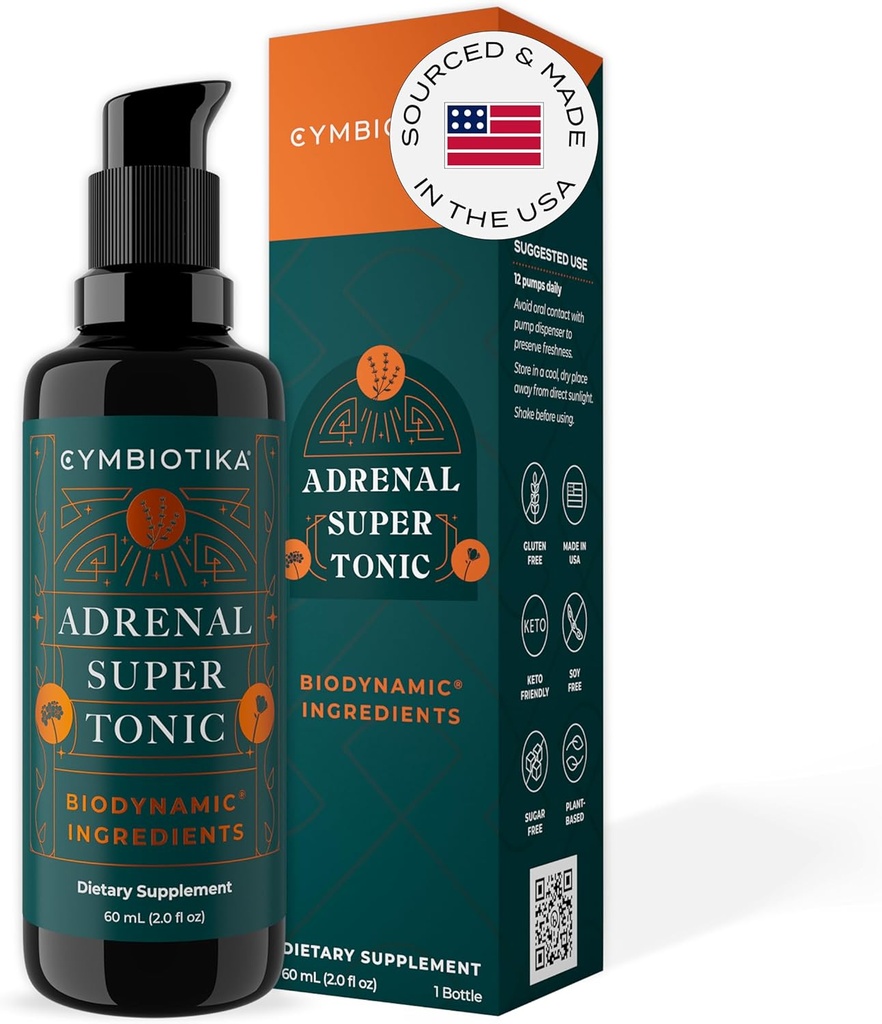 CYMBIOTIKA Adrenal Super Tonic Liquid dodatek z Ashwagandha, cink, sivka, sveti Basil, za imuno podporo in sprostitev, Gluten Free, Vegan, Keto, Berry, 2 fl oz