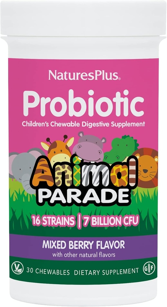 NaturesPlus Animal Parade Probiotic, Mixed Berry - 30 Žvečilni bonboni - Otroški prebavni dodatek - Podpira Gut Health & Imuno Function - Vegan, Gluten Free - 30 Služabniki