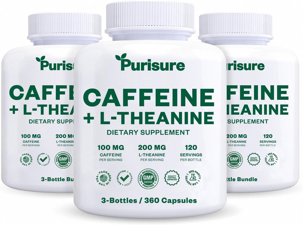 Purisure Kofein Kapsule Theanine Tablete 100mg Kofein + 200mg L Teanin za energijo pred treningom, in Clarity Energy tablete za utrujenost, Nootropic dodatek, 120 Dnevna dobava, Paket 3