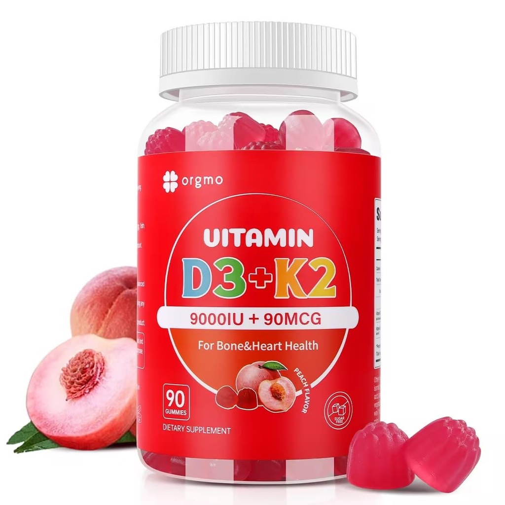 Vitamin D3 K2 Gummies - 90 Count Sugar Free Vitamin D3 9000 i.e. + K2(MK-7) 90 μg za zdravje kosti in imunskega sistema, Veganski žvečljivi K2 D3 Vitamin dodatek za ženske (Peach Flavor)