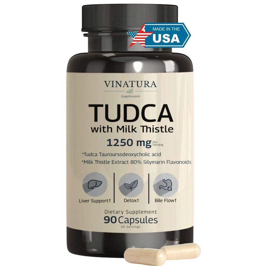 VINATURA TUDCA Milk Thistle 1250mg - Tudca dodatek, Tudca Bile Soli, Jetrna podpora, Gallbladder dopolnila *ZDA Made and Tested* Bile Soli dodatek - 90 kapsul