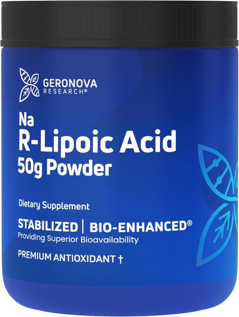 Geronova raziskava Bio-Enhanced Na R-lipojska kislina v prahu, 50g - 4 mesece dobava - Stabilizirana R Alpha lipojska kislina v prahu za prilagodljivo odmerjanje - enostavno mešanje in okrepljena absorpcija Nerve podpora
