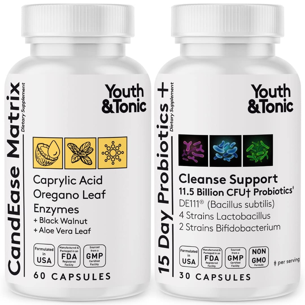 Youth & Tonic Origano & Caprylic Acid Gut Health Supplement with Probiotics & Zelišča za Gut Flora Balance, Prebavno in črevesno zdravje in imunske podpore – 90 kapsul