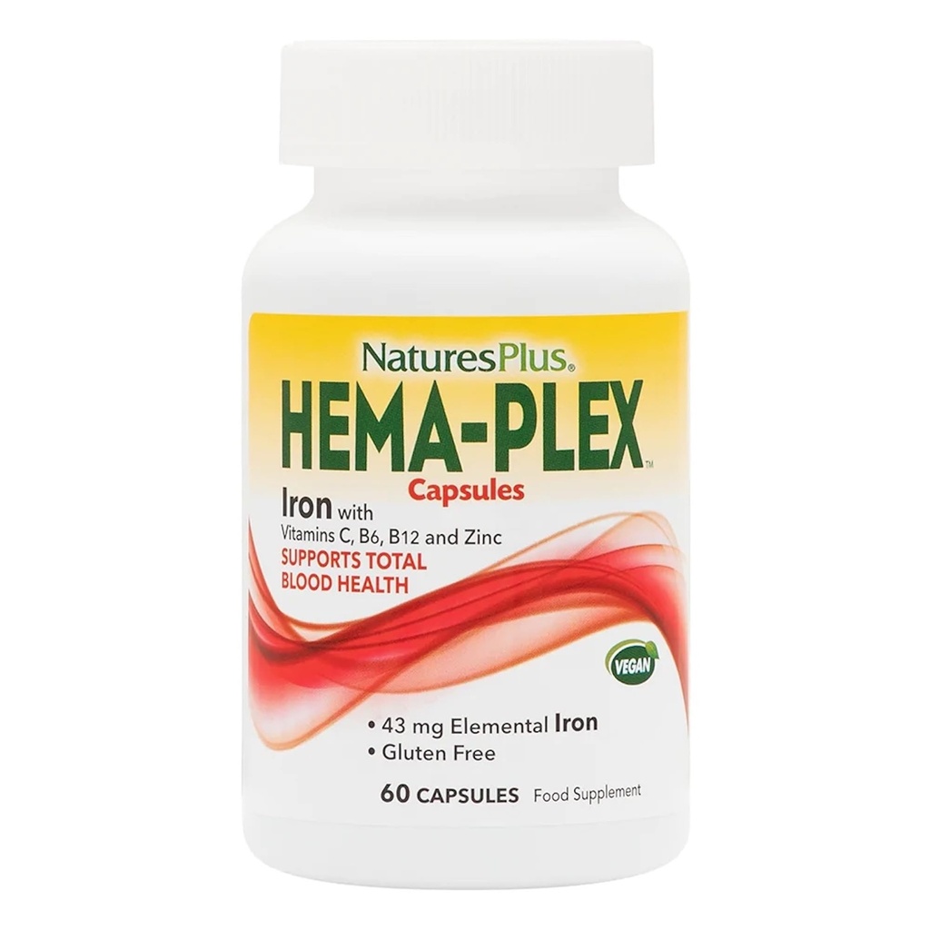 Železo NaturePlus Hema-Plex - 60 hitro delujočih kapsul - 85 mg kelirano železo - skupno zdravje krvi - z vitaminom C & bioflavonoidi - Vegan, brez glutena - 30 servov