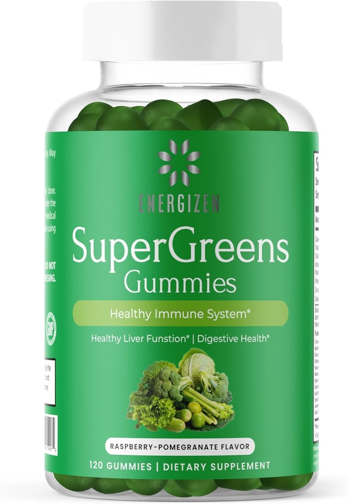 Zelena Superfood Gumies Plus - Podpira Zdrava jetra, Prebavno zdravje in imunski sistem - Veganski, Non-GMO, Gluten-free - Raspberry & Granatna aroma - 120 Count