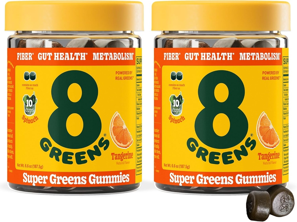 8Greens Daily Fiber Super Greens Gummies - Tangerine Flavor: Boost Imunski sistem & Prebavno zdravje z 8 Real Greens - Ne-GMO Formula, Žvečilni, 50 Veganski Gummies, Pack po 2