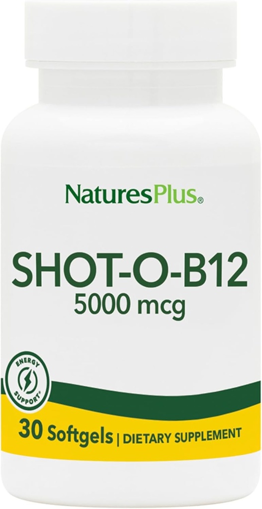 Natures Plus Shot-O-B12 (cianokobalamin) - 5000 mcg, 30 softgels - Visoka moč, hitro delujoča B12 dodatek - Spomin in energijski ojačevalec - Gluten-free - 30 Servings