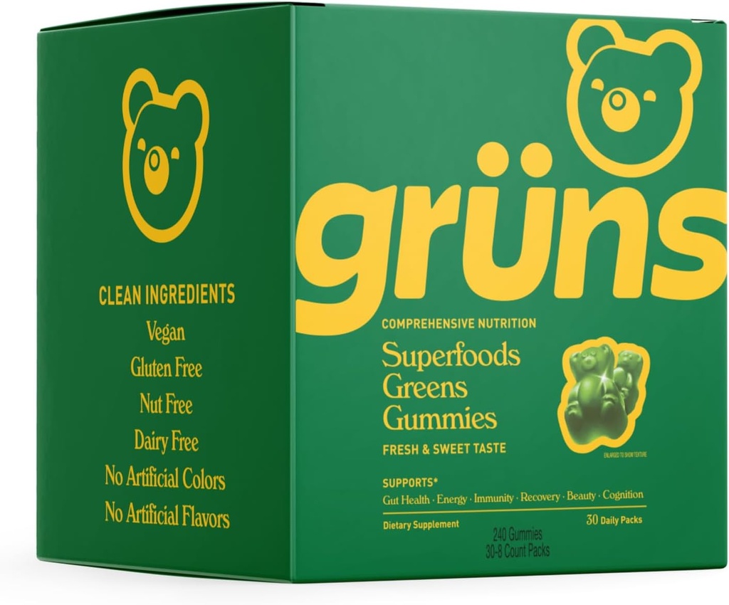 Gruns Super Greens Gummy Bears - Organic Spirulina in Klorella, Prebiotiki za digestivno zdravje, 20+ Vitamini in minerali - 30 vrečk - 240 Gummies