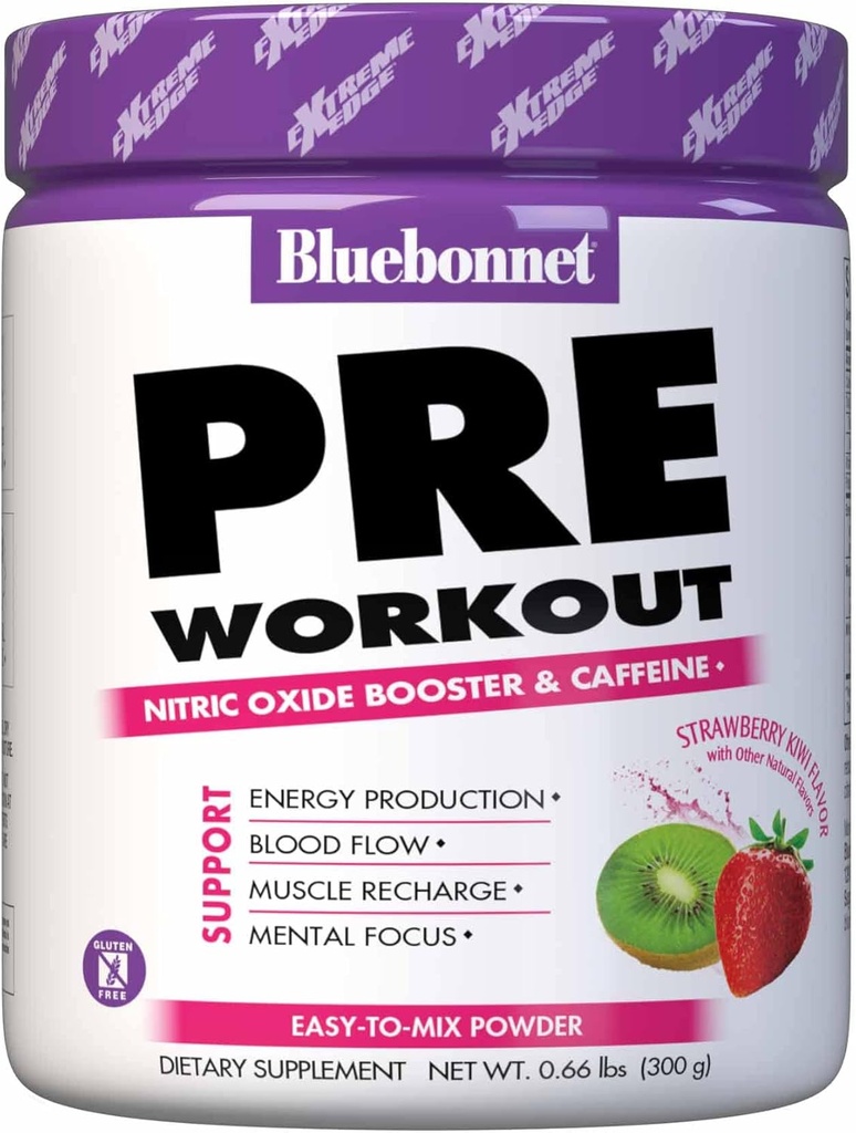 Bluebonnet Nutrition Extreme Edge Pre Workout, Muscle Recharking Formula*, Poviša ravni dušikovega oksida (NO)*, Soy-free, Dairy-free, Jagodna Kiwi, 30 Servings, 10.56 Ounce