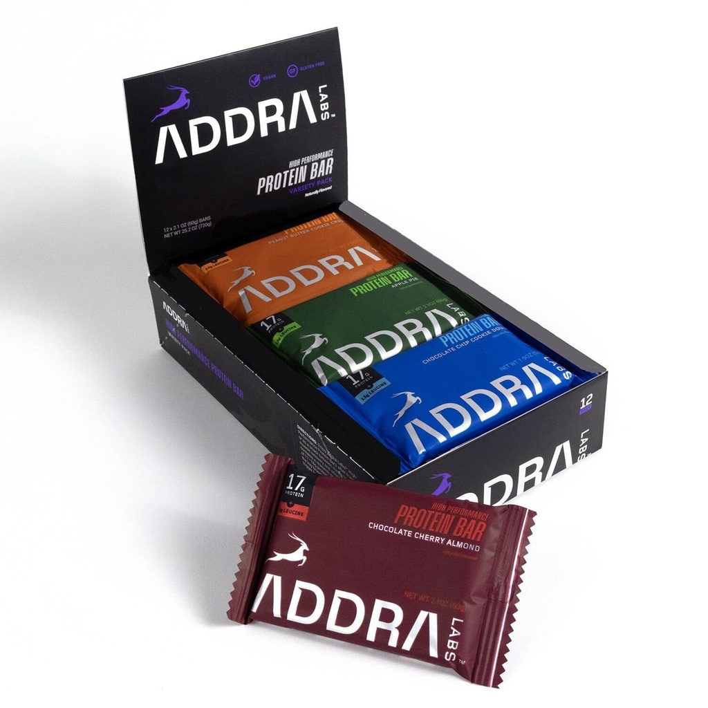 Beljakovinske čokoladice ADDRA - brez glutena, čokoladice z visoko vsebnostjo beljakovin, 17g proteinov + 1,5g BCAA leucina, nizko vsebnostjo sladkorja, vegana, na bazi rastlin, in mlečne arome, mešanica varietetete, 12-pak