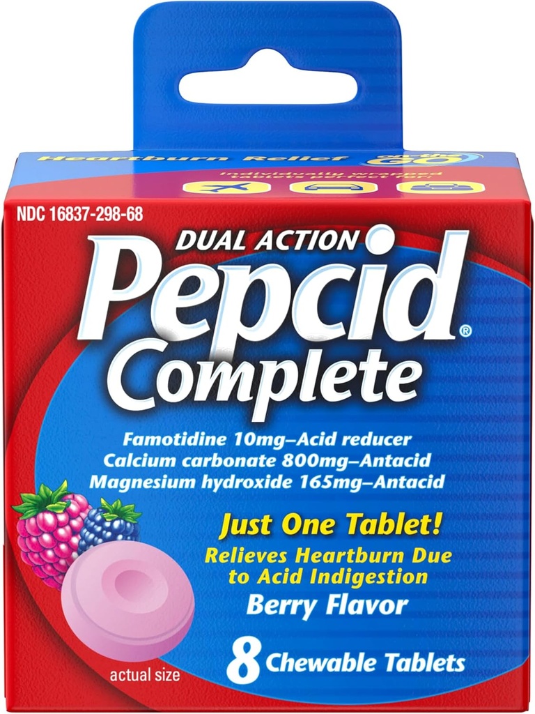 Pepcid Popolni reduktor kisline + Antacid za Refluks kisline, 10 mg Famotidin, 800 mg kalcijev karbonat & 165 mg magnezijev hidroksid na zgago Medicine Tableta, Antacid Chews, Berry, 8 ā