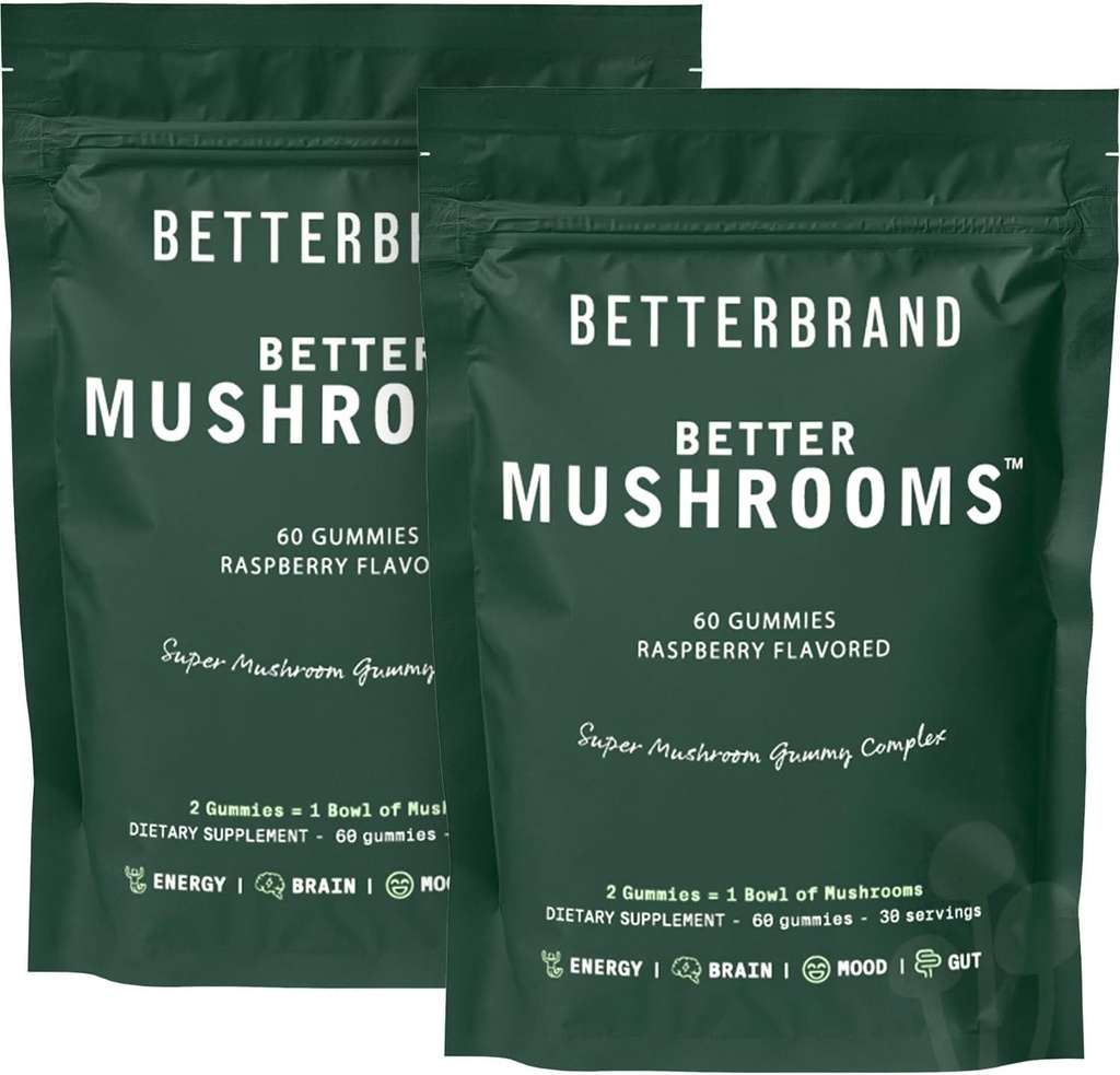 Betterbrand BetterMushrooms Nootropic Gummies - podpira boljše zdravje Gut, kognitivne funkcije, mentalna jasnost z 10 Funkcionalne gobe - 60 Gummies - Raspberry Flavor - Paket 2