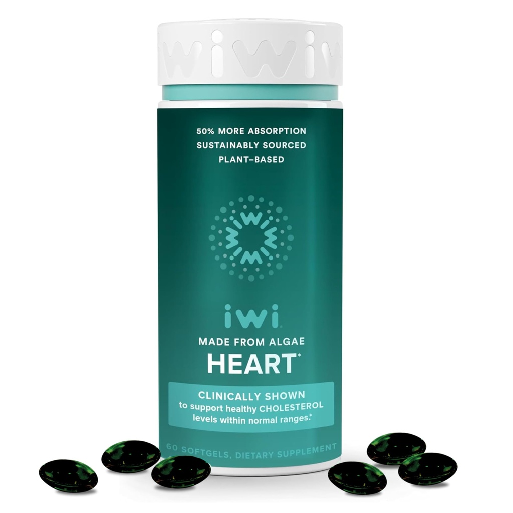 Iwi Life Heart Omega-3, 60 Softgels (30 servings), Veganska rastlinska osnova Algae Omega Maščobne kisline + EPA, Heart Health Support Dietary Supplement, Krill & Fish Oil Alternative, Brez ribjega pookusa