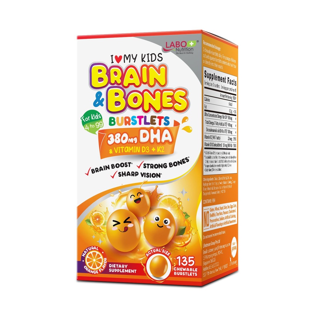 LABO Nutrition I My Childs Brain & Bones Žvečljivi burstlet, Gluten Free, za močnejše kosti in vedenje upravljanje, 76% ultra koncentriran rTG obrazec Omega 3 DHA ribje olje, vitamin D3 & K2, Orange