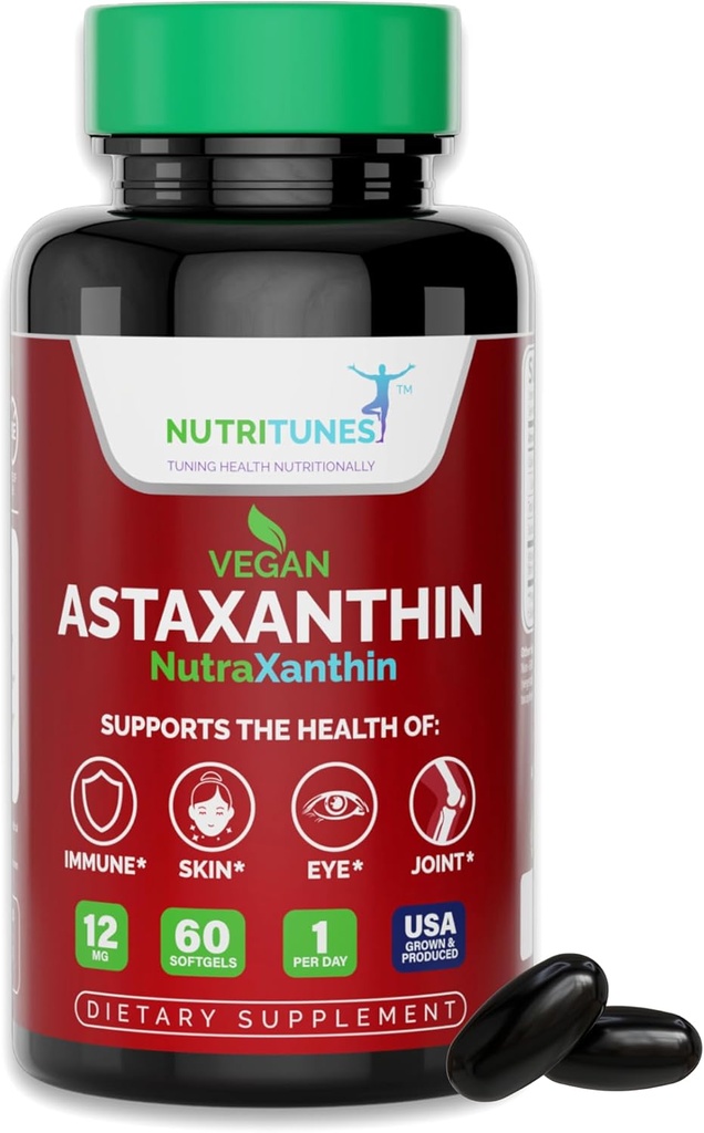 Astaksantin 12 mg Veganski softgels – visoko močan antioksidant za kožo, očesne in imunske podpore – ne-GMO, brez glutena, soje, laktoze in BSE, 60 Veganski softgels, 2-mesečna oskrba
