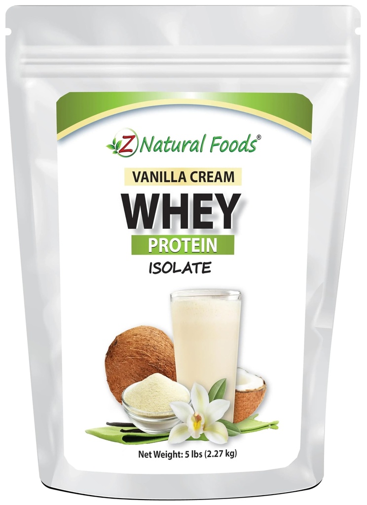 Z Natural Foods Vanilla Cream Whey Protein Isolate, Nutrition-Rich, Aromous Protein Powder for heart Health and Immunity, Super v čaju, kava, Smoothie, Non-GMO, Gluten-free, Kosher, 5 funtov