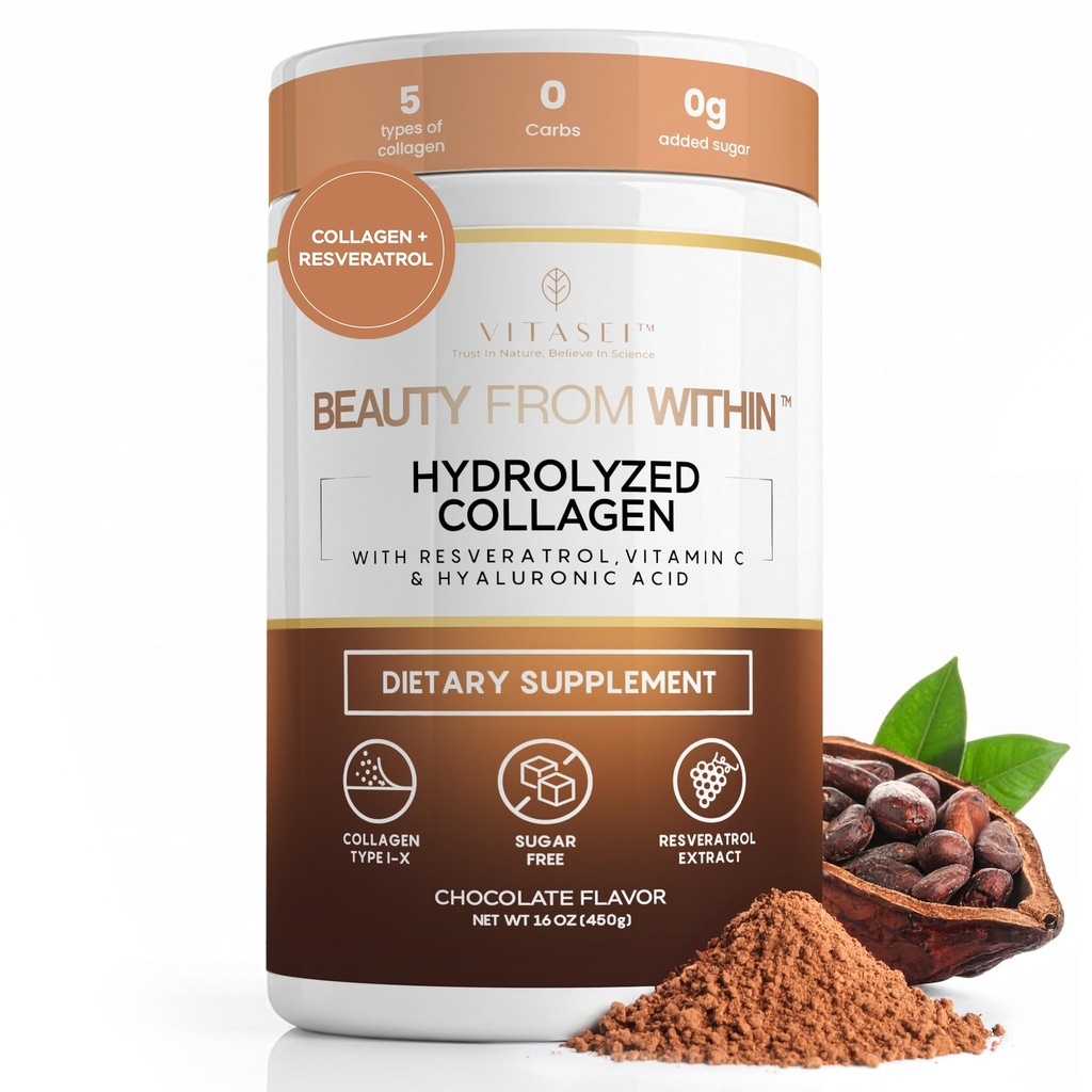 Hidrolizirani kolagen peptidi v prahu z vitaminom C in Resveratrol - Lasje, koža in nohti Vitamini za ženske in moške - kosti in skupni dodatek - čokolada z aromo - 16 oz