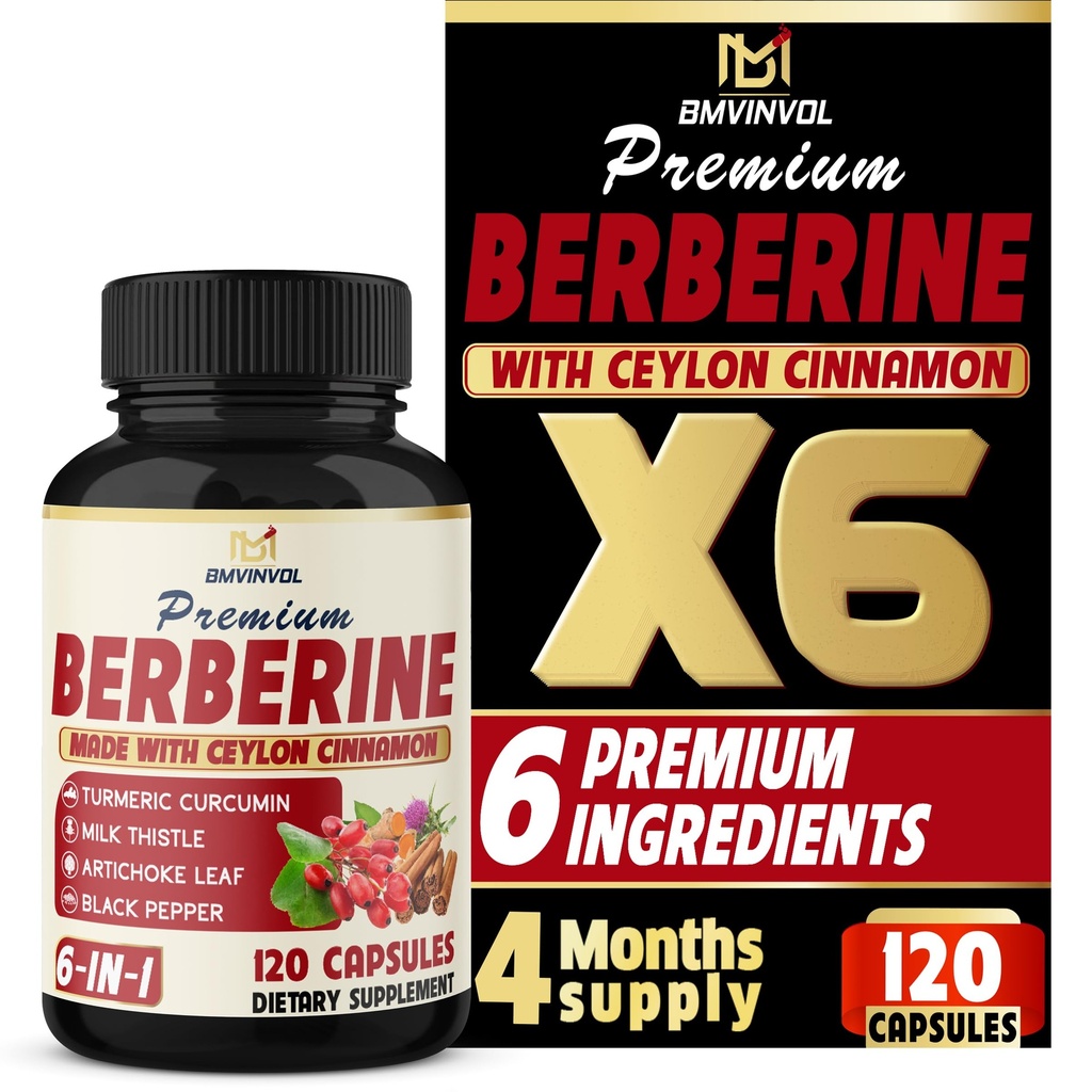 BMVINVOL 6v1 Berberine dodatek s Ceylon cimet, Tumeric koren, Mlečni osat, Artičoke, črni poper -120 Kapsule za 4 mesece dobave