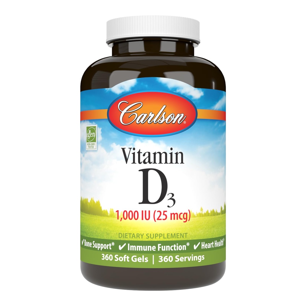 Carlson - vitamin D3, 1000 i.e. (25 μg), zdravje kosti, zdravje mišic, holekalciferol, dodatki vitamina D, vitamin D3 Soft Gels, 360 Softgels