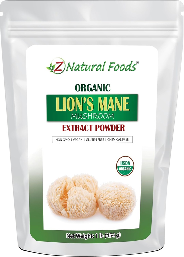 Z Natural Foods Organic Lion’s Mane Gobe Extract Prašek, Vitamin-Rich Superfood Powder, Kot nalašč za čaj in smoothies, Non-GMO, Vegan, Gluten-free, Kosher, 1 lb.