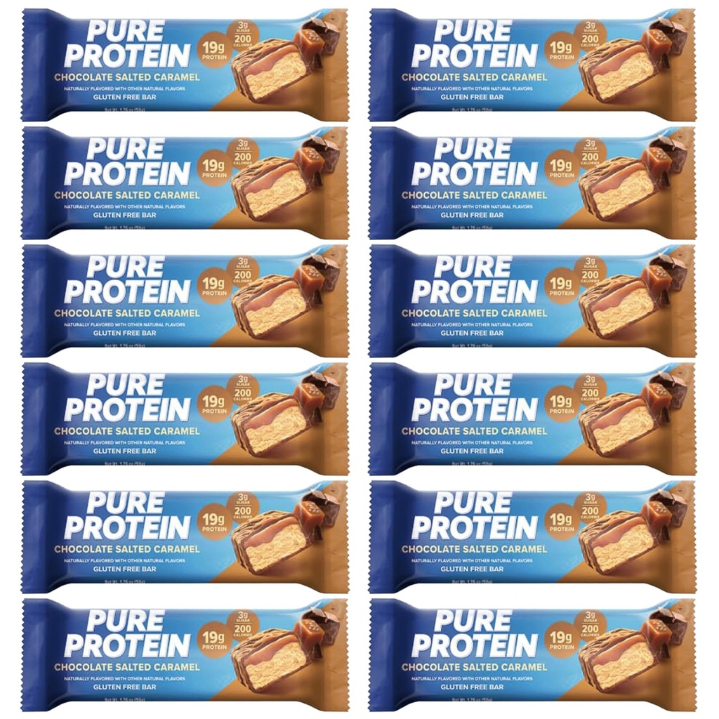 Čiste beljakovinske čokoladice, visoke beljakovine, hranilni prigrizki za podporo energije 1,75 oz Low Sugar, Gluten Free 12 Count Salted Chocolate Caramel