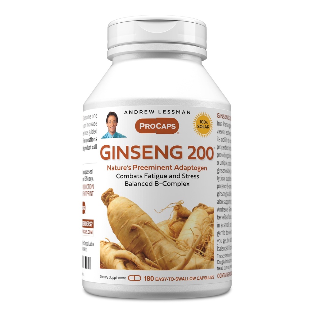 ANDREW LESSMAN Ginseng 200mg - 180 kapsul - standardiziran ekstrakt za podporo dobro počutje. Adaptogen, Boj proti utrujenosti in stresu. Nežne, majhne, lahke kapsule. Brez dodatkov