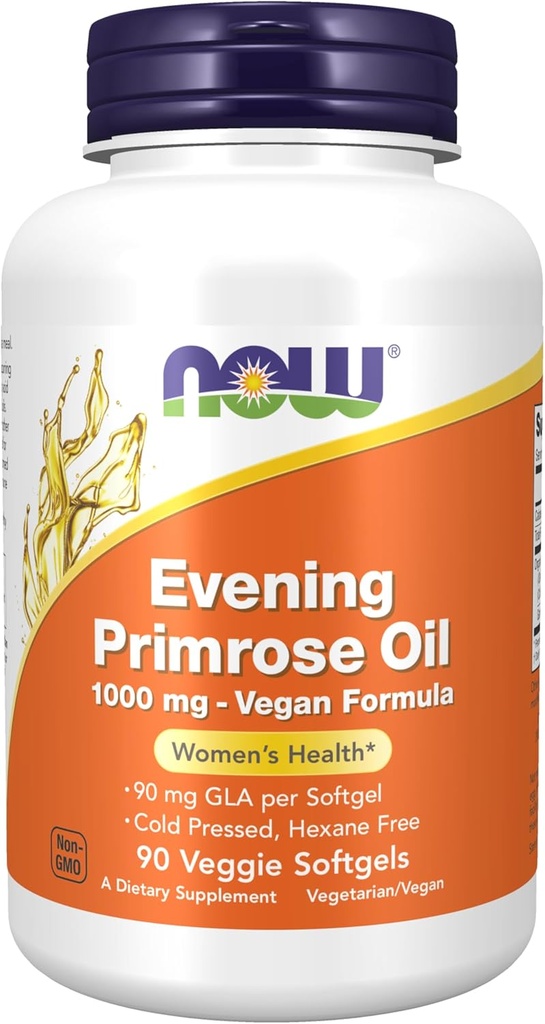NOW Foods Supplements, Evening Primrose Oil 1000 mg, Hladno stisnjen, Hexane Free, Vegan Formula, 90 Veg Softgels