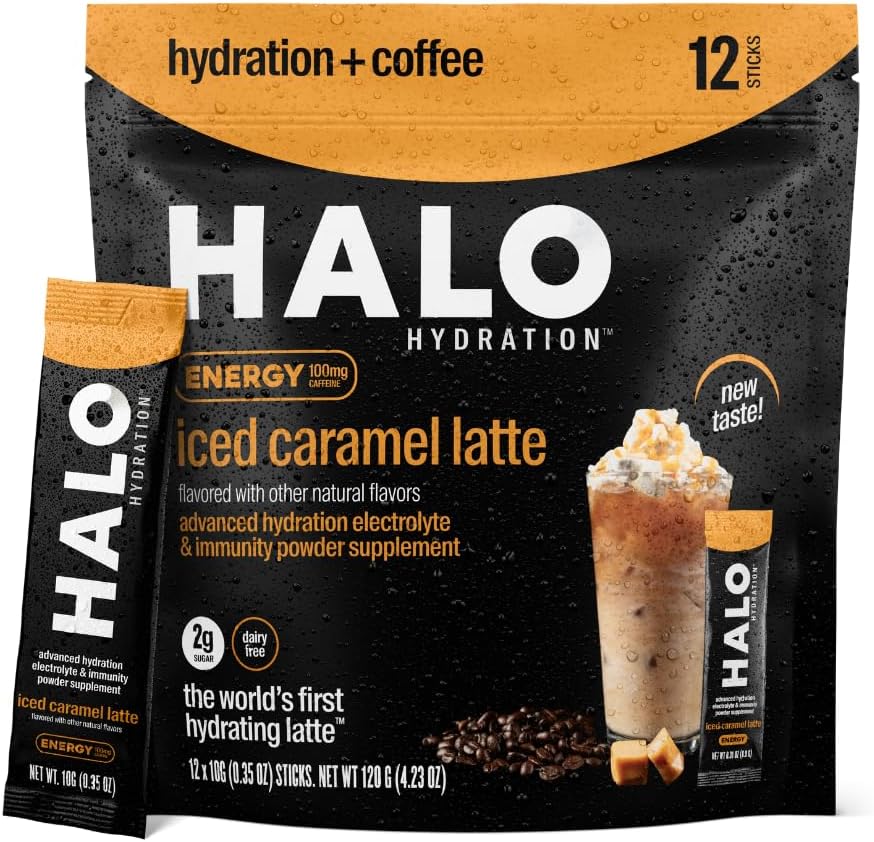 HALO Ledena karamela Latte - Energijski napitek v prahu – Zdrava kavna mešanica za hidracijo z elektroliti, kofeinom, vitamini in minerali - 20 kalorij - Keto in Nizki kalori - 1 x 12 palic