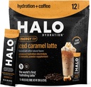 HALO Ledena karamela Latte - Energijski napitek v prahu – Zdrava kavna mešanica za hidracijo z elektroliti, kofeinom, vitamini in minerali - 20 kalorij - Keto in Nizki kalori - 1 x 12 palic
