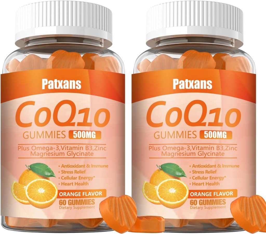 2 Packs 500MG CoQ10 Supplement Gumies, Omega-3, Magnezij, Vitamin B3, cink, Ultra visoka absorpcija zagotavlja zdravo podporo za srce, Cell Energy & Antioksidanti, 120Cts.