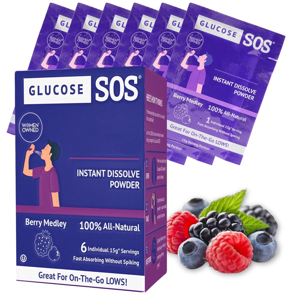 Glukoza SOS Glukoza Berry Medley Glukoza v prahu, naravna dekstroza Pakiranje, hitra absorpcija, takojšnja raztapljanje, brez vode, 6 vrečk na škatlo