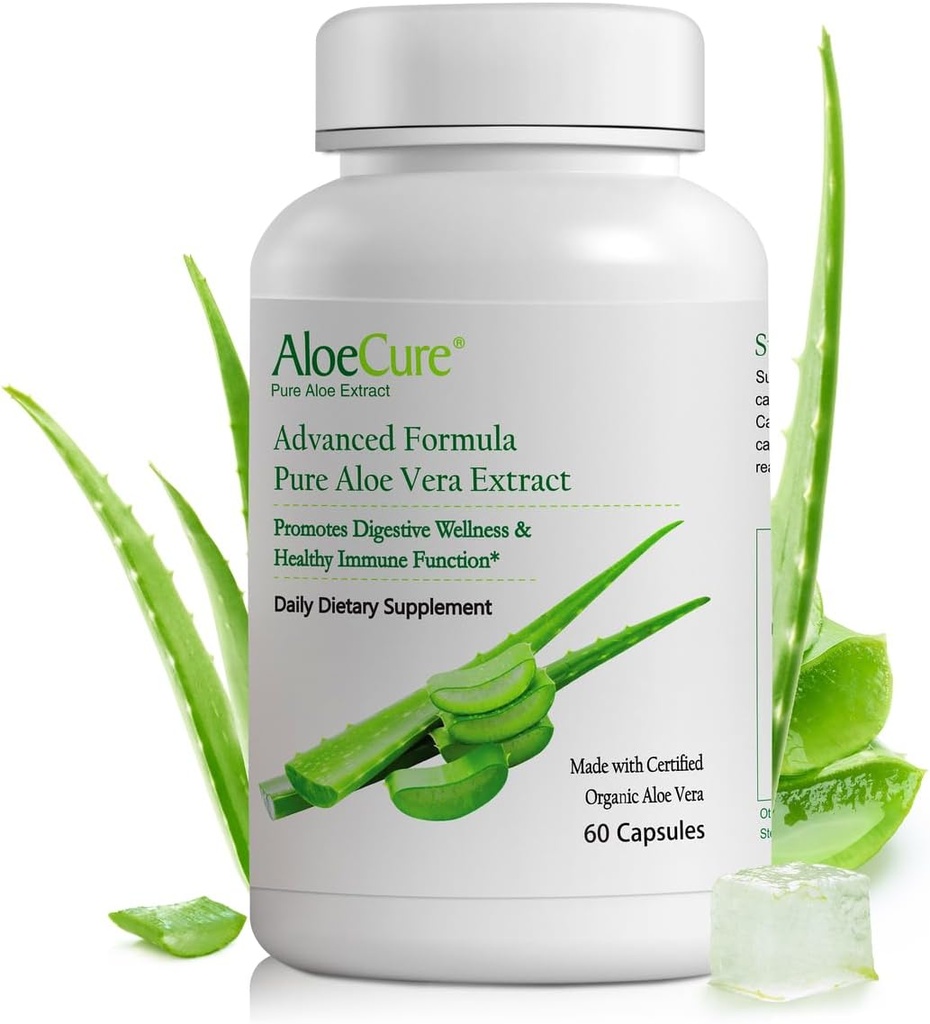 AloeCure Organic Aloe Vera Kapsule, 130.000mg Notranji Aloe Leaf Equivelant na služijo, Podpora Gut Health & Prebavni Comfort, Trebušna kislina Buffer, Naravni imunski dodatek, Aloin, 60 kapsul