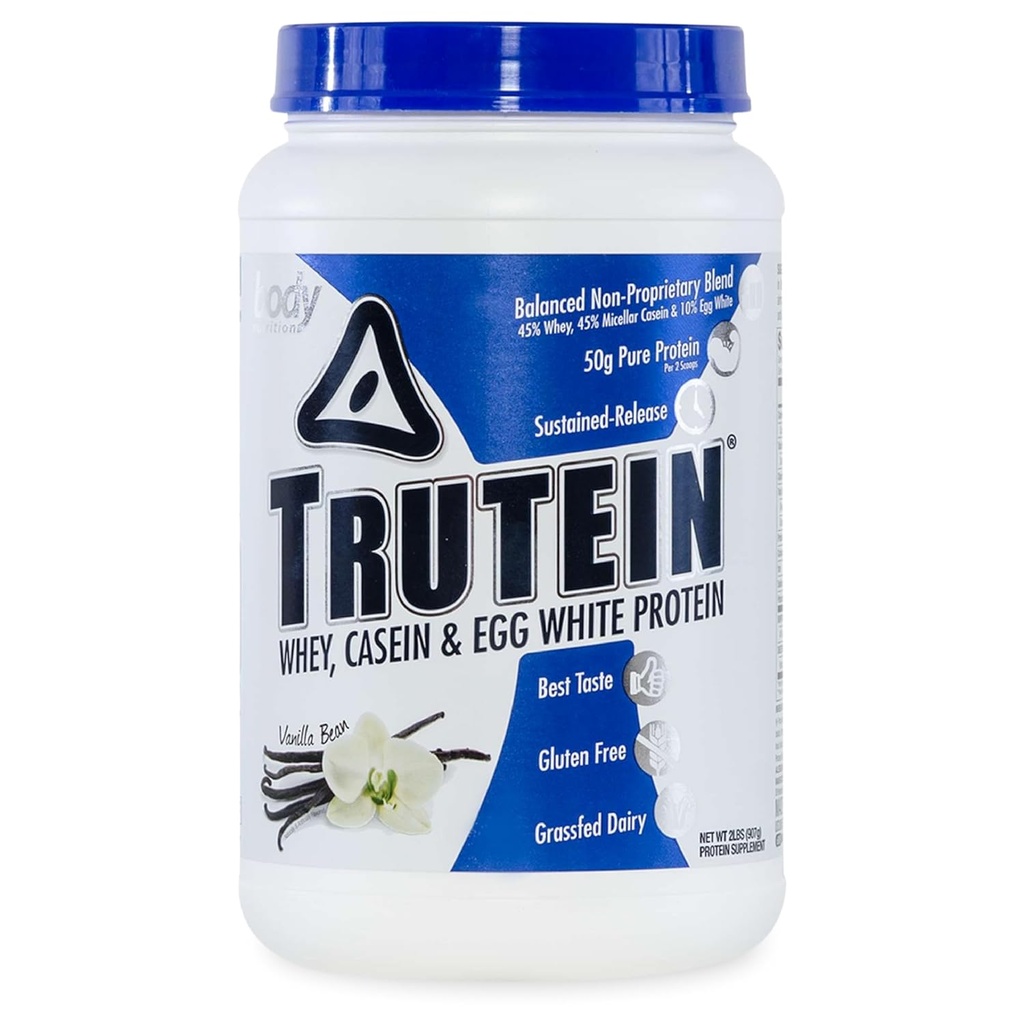 Body Nutrition Trutein Visoke beljakovine v prahu: 45% Whey, 45% Kazein, 10% mešanica beljakovin brez glutena, nizko natrij, dodatek beljakovin z nizko vsebnostjo ogljikovih hidratov v prahu za moške in ženske, vanilija fižol, 2 funtov