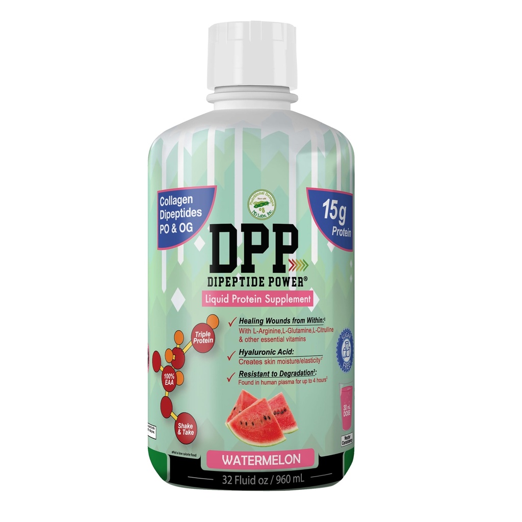 Nutritional Designs DPP Dipeptide, rane-zdravljenje tekoči kolagen in sirotkine beljakovine dodatek, brez sladkorja, spodbuja zdravo kožo in lase za moške in ženske (Vatermelon, steklenica, 32 Fl Oz)
