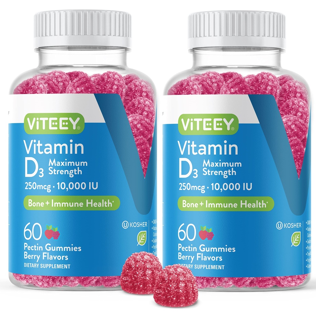 VITEEY Vitamin D3 Gumiji za odrasle in najstnice - 10.000 i.e., 250mcg, največja moč - skupno in mišično zdravje, imunski boost - žvečljivi vitamin D Gumies - vegetarijanec, želatina - Okusna jagoda