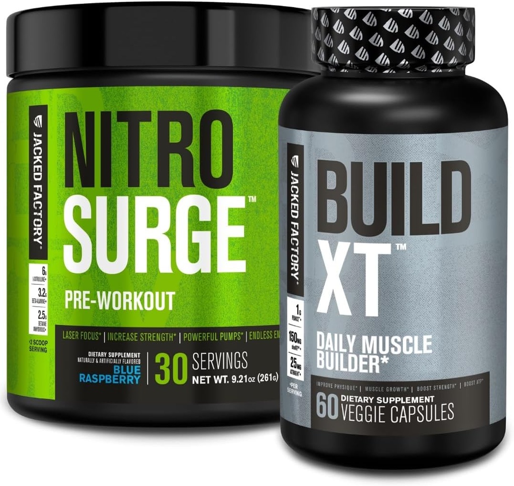 Jacked Factory Nitrosurge Pred-Workout v Blue Raspberry & zgraditi XT Muscle Building Bunded za moške in ženske