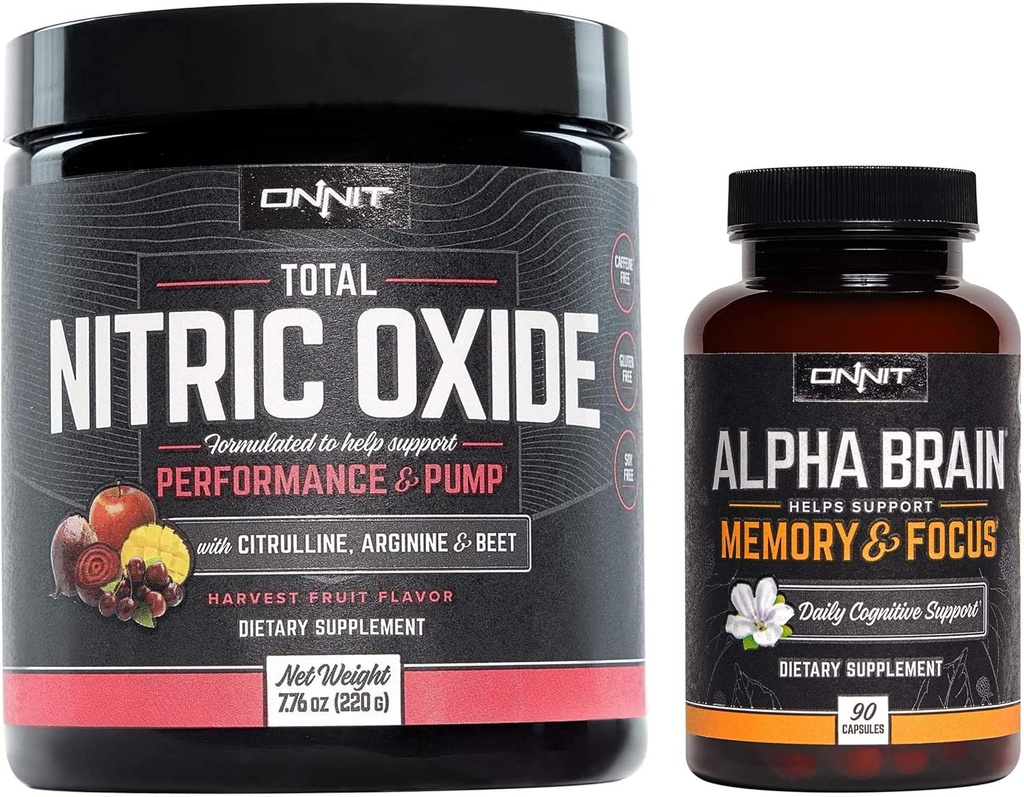 ONNIT Nootropic + Preworkout Stack - Alpha Brain (90ct) + skupni dušikov oksid (Harvest Fruit)