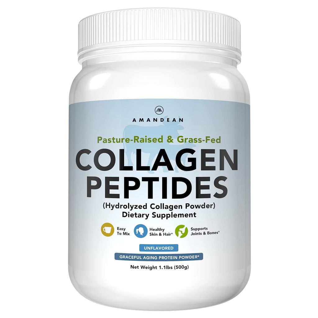 AMANDEAN kolagen peptides prašek (17.6oz). Grass-Fed Hydrolyzed Protein Supplement. Spodbuja zdrave sklepe, kožo, lase, nohte. Brez arome in enostavno za mešanje.