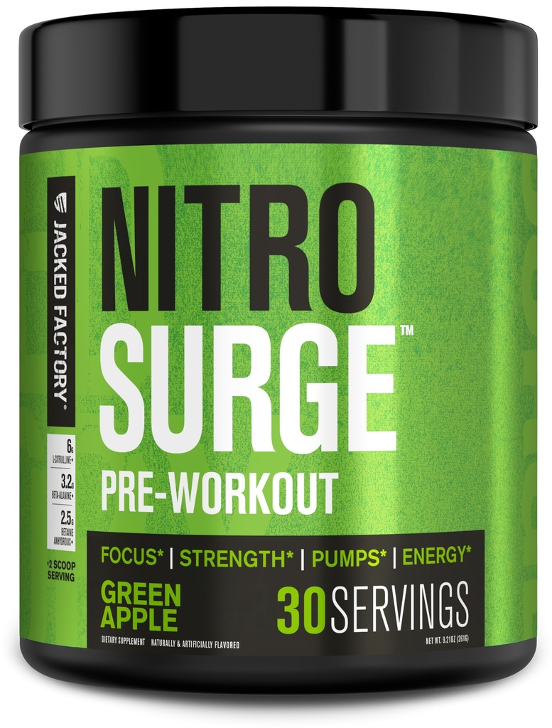 Jacked Factory NITROSURGE Pre Workout dodatek - Neskončna energija, Instant moč dobi, Clear Focus, Intenzivne črpalke - NO Booster & Powerful Preworkout Energy Powder - 30 Servings, Green Apple