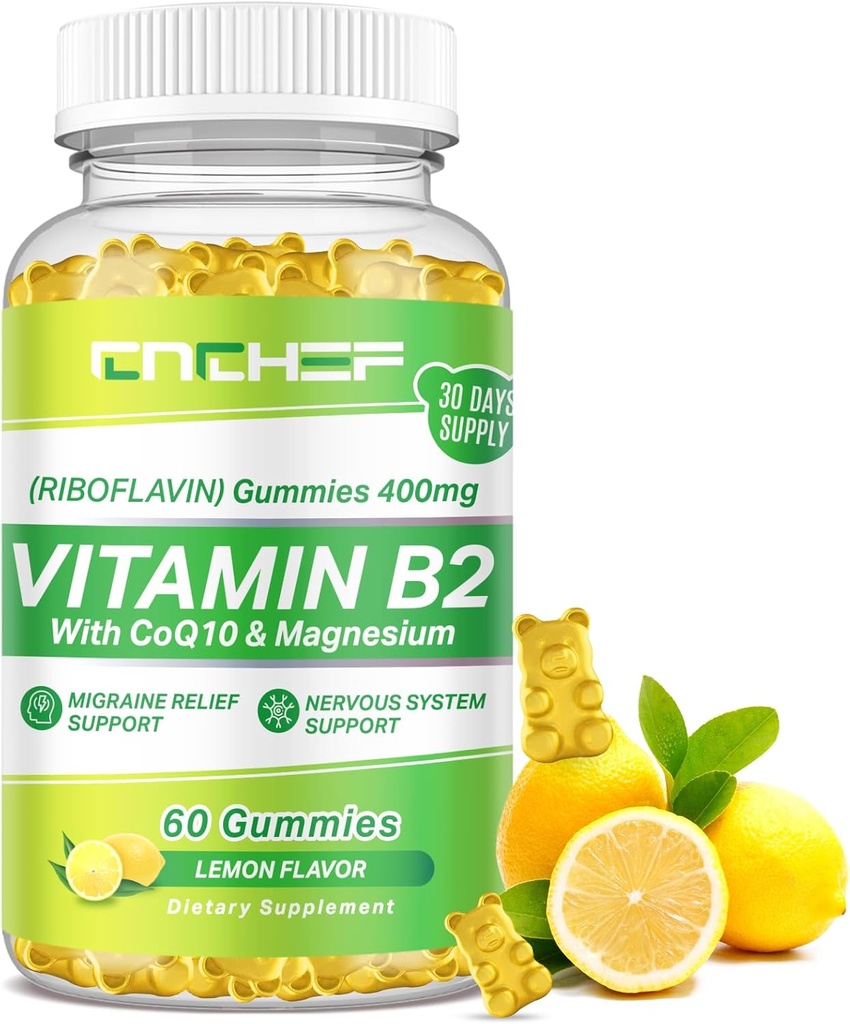 Vitamin B2 Gumiji za odrasle in otroke - riboflavin 400mg dodatek z magnezijevim glicinat & CoQ10, podpora Migrena Relief & živčni sistem, povečanje energije, sladkor brez Vegan B2 Gumies Lemon aroma