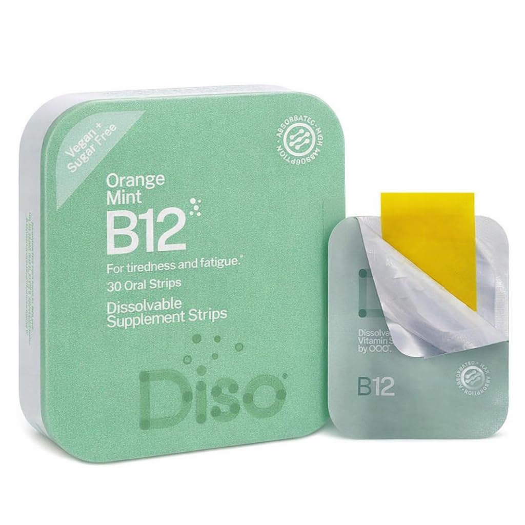 DISO - vitamin B12 - hitro raztapljajoči peroralni trakovi, za utrujenost in utrujenost, okus pomarančne mete, vegan, brez sladkorja, največja absorpcija, brez glutena, individualno zaviti, 30 raztapljajočih se trakov