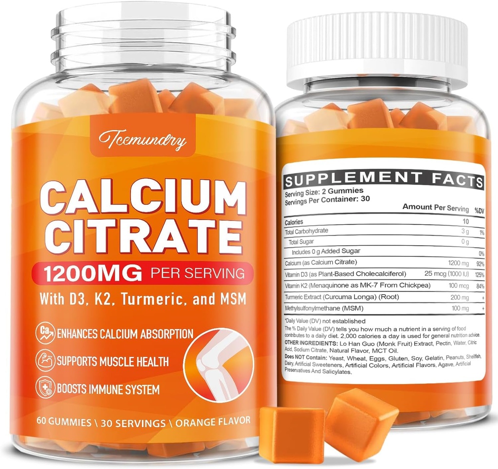 Kalcij 1200 mg z dodatkom vitamina D3 Gumiji za odrasle: absorpcija kalcijev citrat z vitaminom D3 K2, izvleček kurkuma, MSM za moške