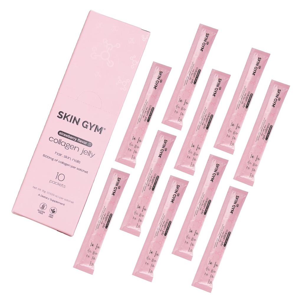 Tesnjenje kože Kolagen žele 10-Pack, Marine Collagen, Vitamin C & Hyaluronic Acid, Dnevni Beauty dodatek za lase, kože in nohte, Jagodna aroma, 10 Pack