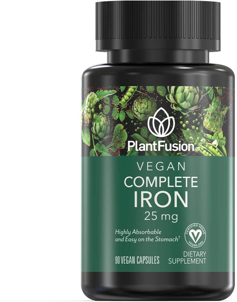 PlantFusion Vegan železovi dodatki iz, Premium rastlinski na osnovi železa dodatki za ženske in moške (25mg), Plus Folate & B12, 90 Veggie kapsule