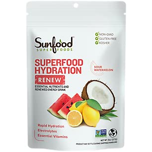 Sunfood Superfood Hydration Renew- Coconut Water Powder, Elektrolites Powder z limono, Morska sol in minerali, Čisti organski elektrolitski pijača Mix - 8 oz Bag