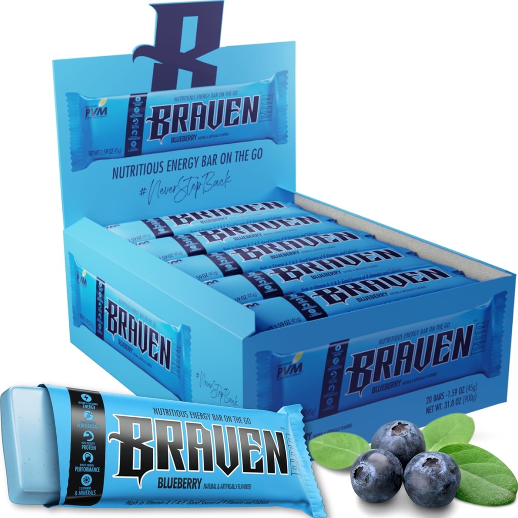 Braven Bar Blueberry Energy Bars (1.59 oz, paket 20) – Energijski žveči s 5g proteini – On-the-Go Energy Prigrizki za tek, pohodništvo in šport - Gluten brezplačni prigrizki za trajno povečanje energije