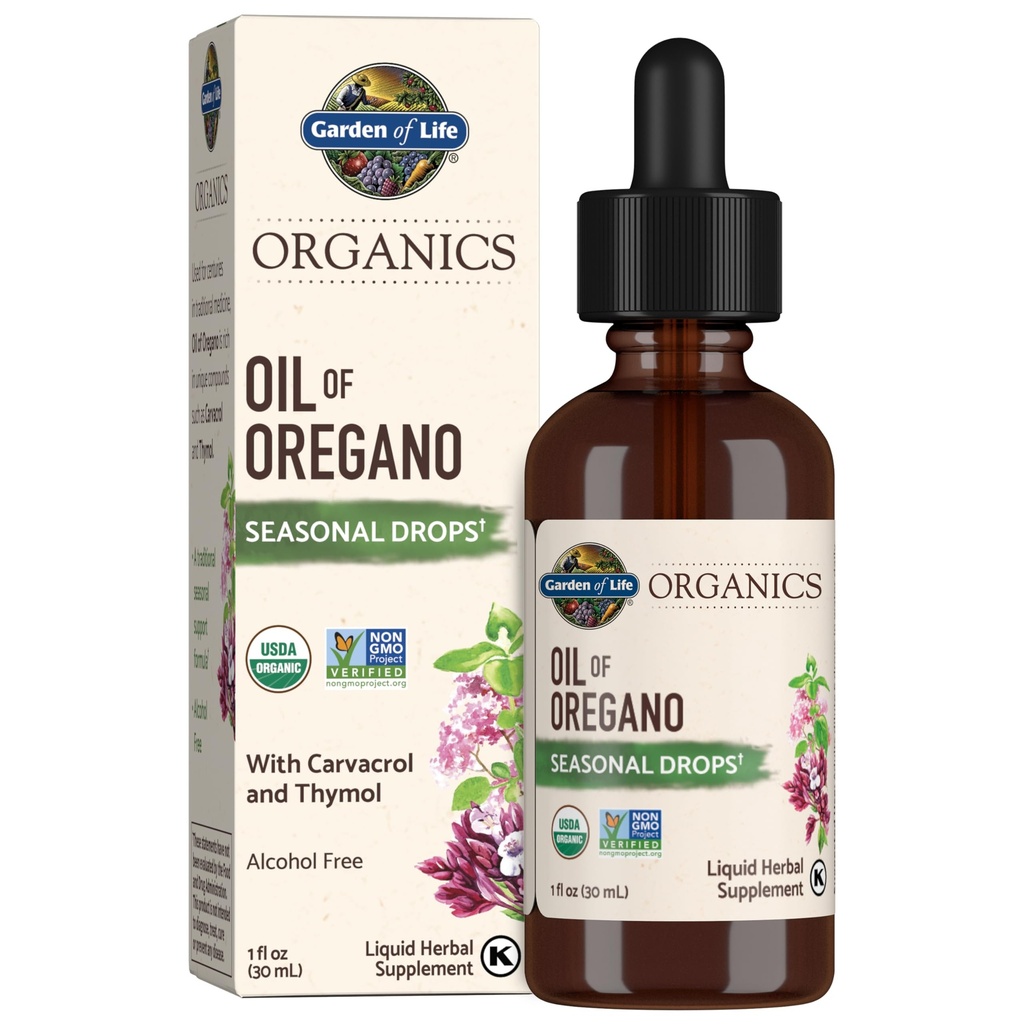 Garden of Life Organics Oil of Origano Sezonske kapljice 1fl oz (30 ml) Tekoča, koncentrirana rastlinska imunska podpora - Alkohol-free, Organic, Non-GMO, Vegan & Gluten Free Zeliščni dodatki