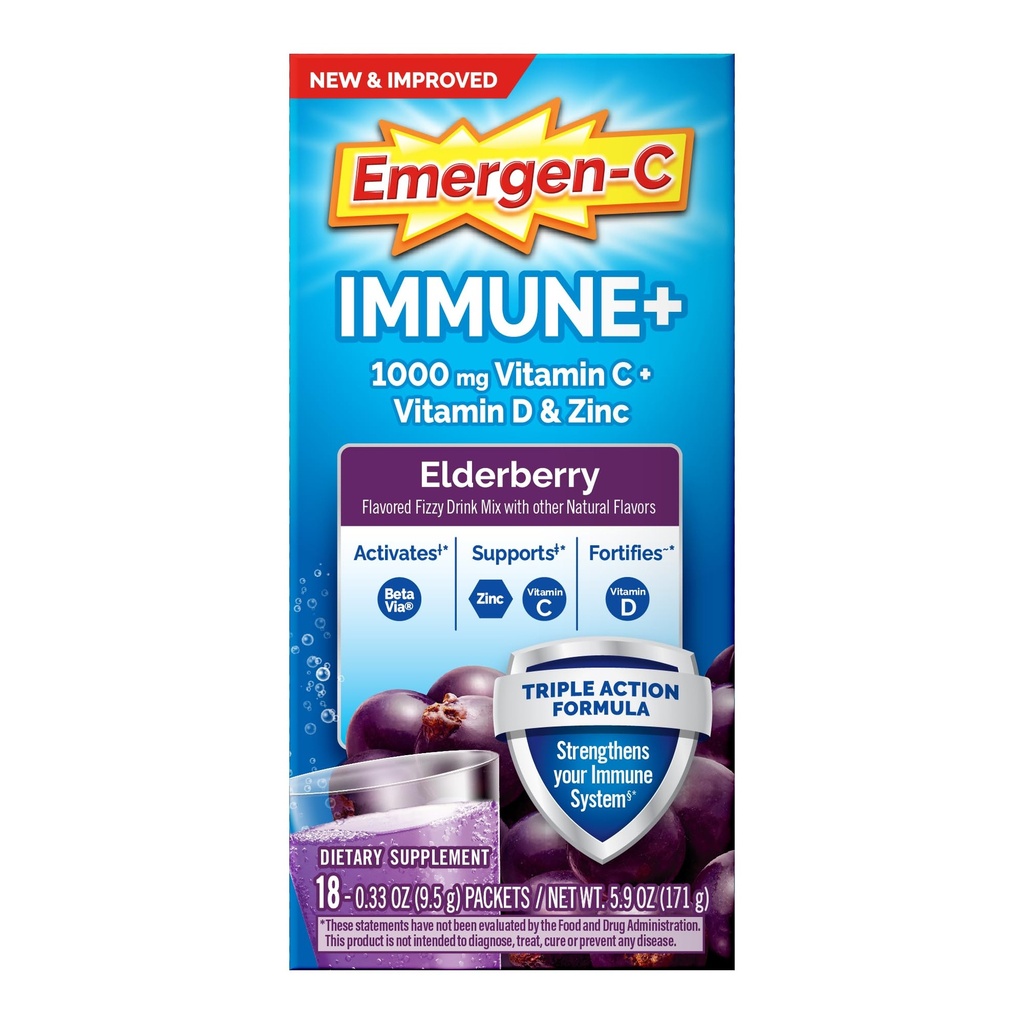 Emergen-C Imune+ Triple Action Immune Support Powder, BetaVia (R), 1000mg Vitamin C, B Vitamini, Vitamin D in antioksidanti, Bederberry, Nazaj v šolo Essentials – 18 Count